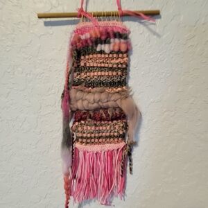Handmade Pink, Grey, Cranberry Loom Woven Wall Hanging 4.5" x 17" OOAK Fiber Art